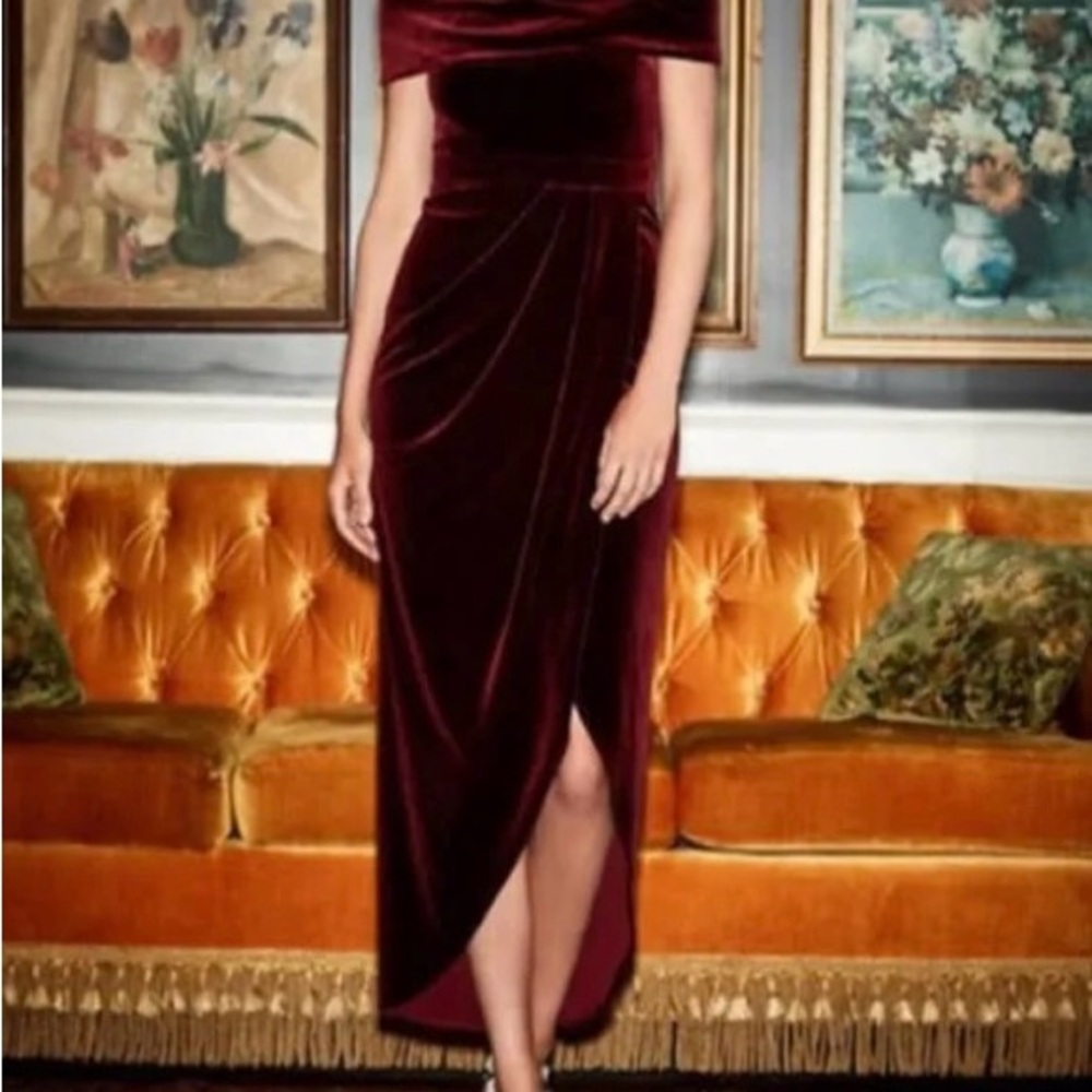 BHLDN Elegant Off-Shoulder Burgundy Dress - Picture 2 of 9